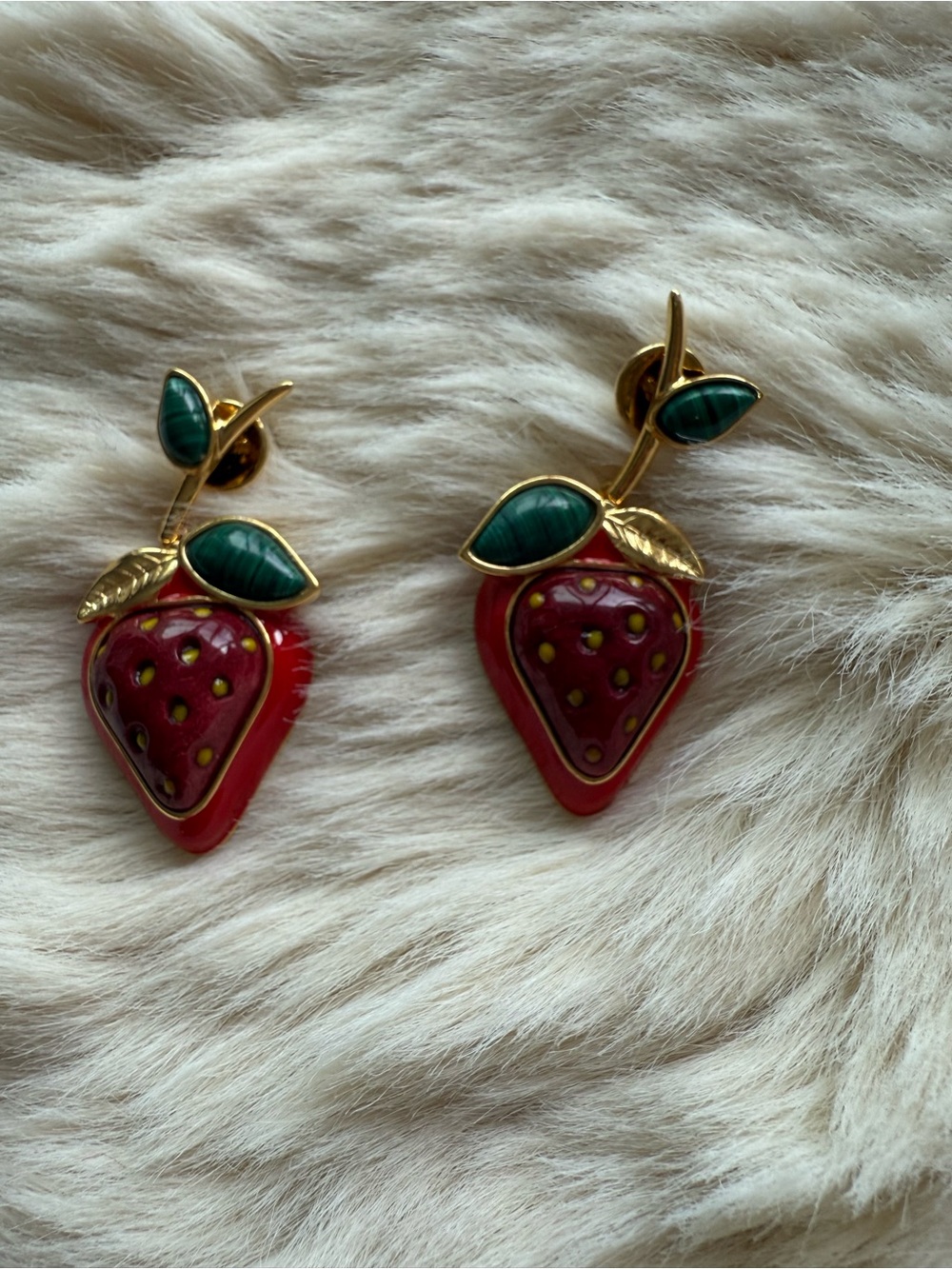 Gold-Tone Strawberry Drop Earrings with Red and Green Enamel